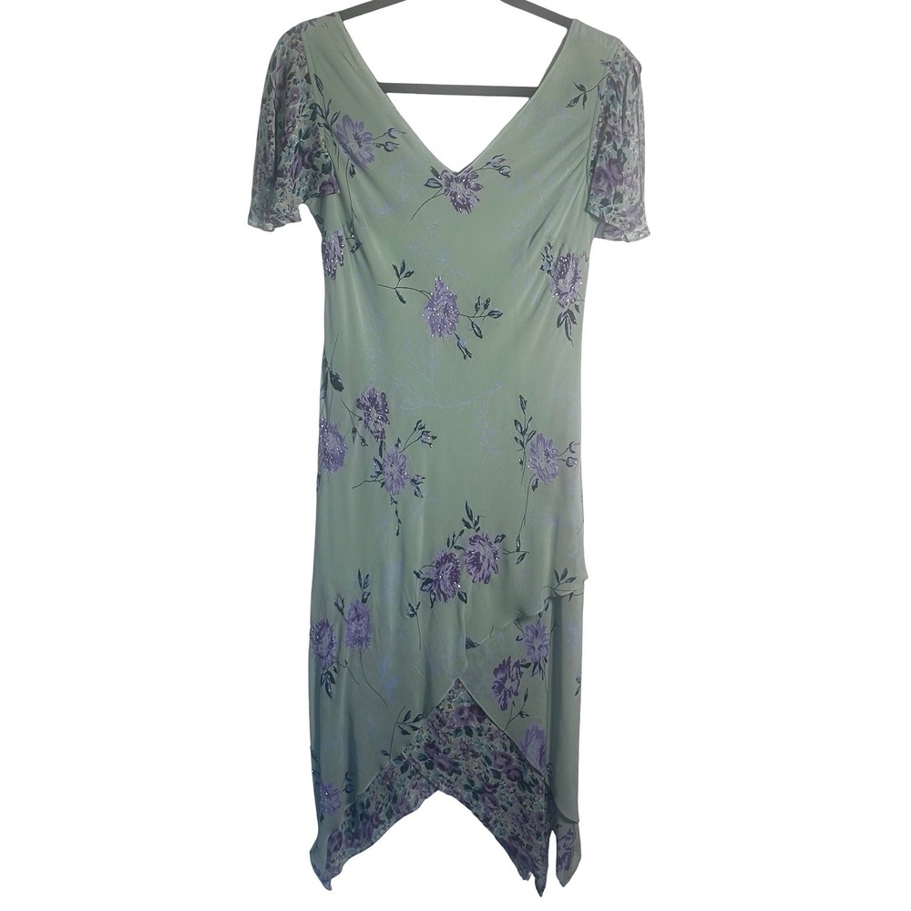 Eva Blue Vintage Floral Beaded Handkerchief Hem Midi Dress Petite Size 8 Y2K